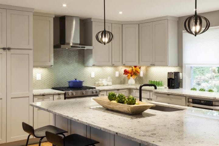 kitchen remodel with glass hex tile backsplash