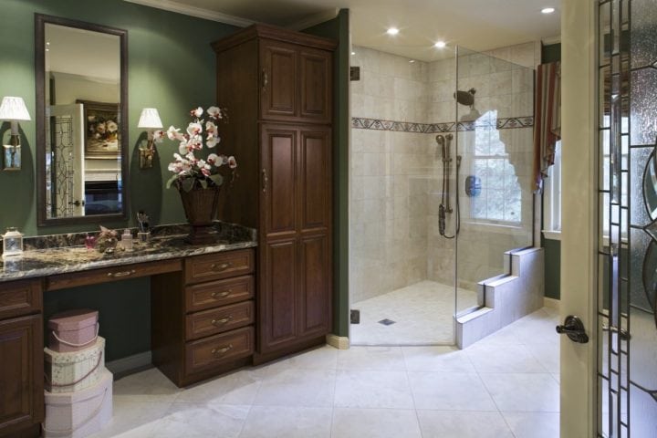 No Threshold Roll In Shower, lower height vanity, defogging mirror for Aging in Place by Owings Brothers Contracting.