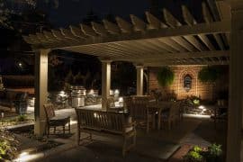 Outdoor patio with lighting at night