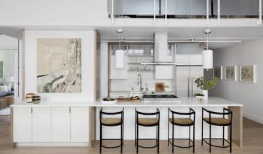 white open concept industrial style kitchen