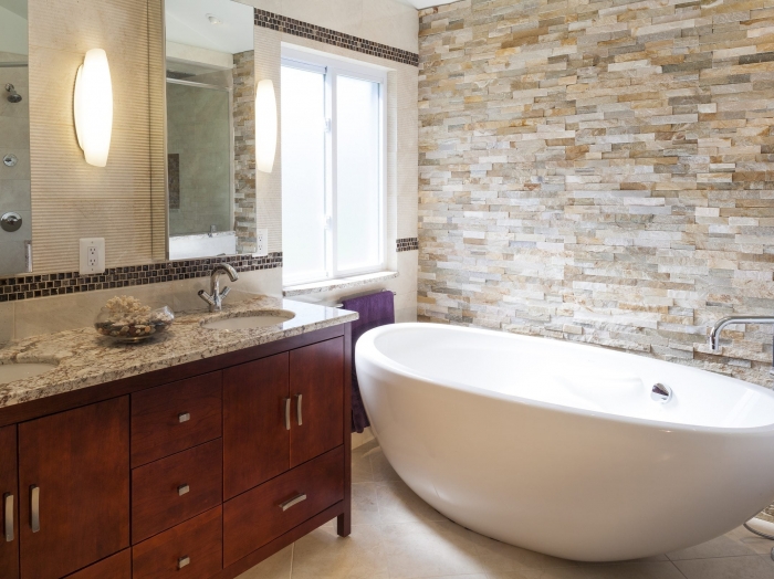 Spa Master Bath with tile, stone and marble