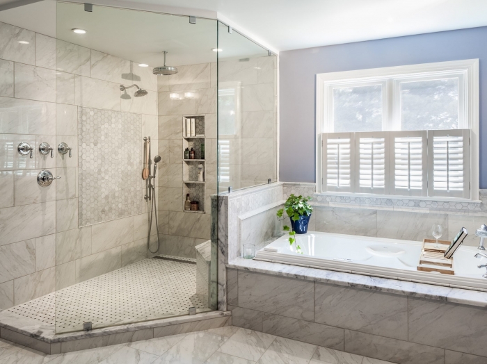 Sykesville Deluxe Master Bath with soaking tub and large walk in shower marble floors and shower