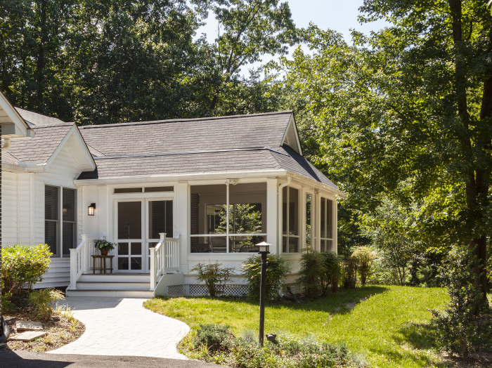 Front screened porch addition with cathedral ceilings maintenance free