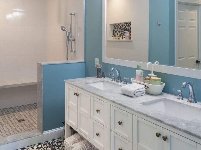 black and white cement tile for master bath with open walk in shower