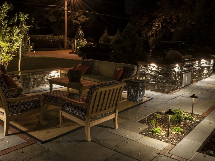 Baltimore City outdoor living space with lighting and concrete pavers and stone by owings brothers contracting