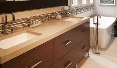 Contemporary double sink furniture type vanity with engineered stone top