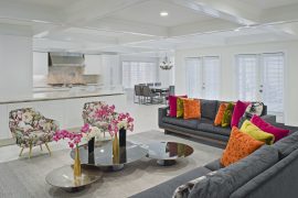 contemporary family room with colorful accents and a modern open design floor plan