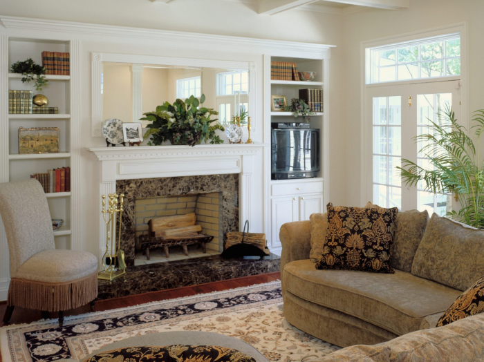 coffered family room ceiling with recessed lighting