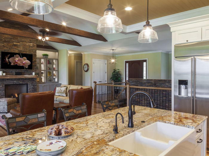 rustic stained wood ceiling beams and painted trey ceiling