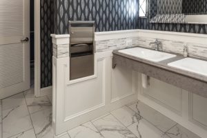 Conference Center updated bathrooms with blue, gray and white with marble floors