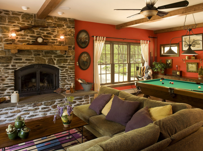 rustic ceiling beams and stained window molding