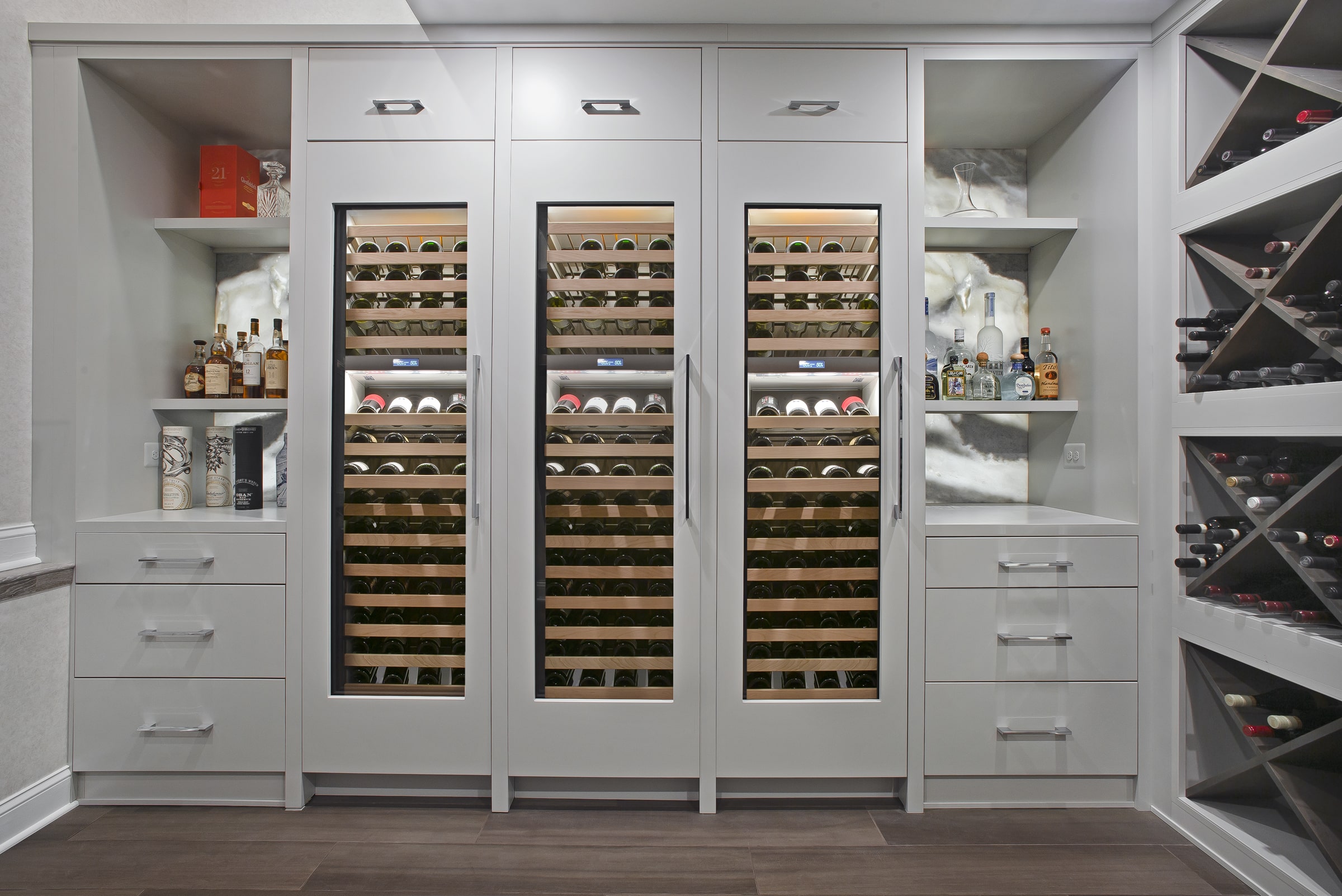 floor to ceiling wine coolers in new sunken wine room