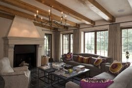rustic wood beam coffered ceiling in family room