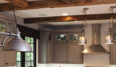 coffered ceiling with stained real wood beams