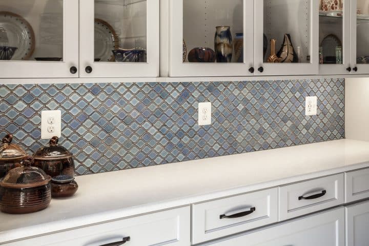 Orion Arabesque Tile Backsplash over Butlers Pantry Cabinet