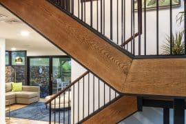 Brady Bunch staircase in wood and metal mid century modern style