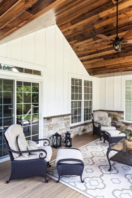 wood paneled vaulted ceiling porch