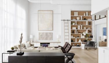 white modern interior with industrial features, airy curtains, and natural light