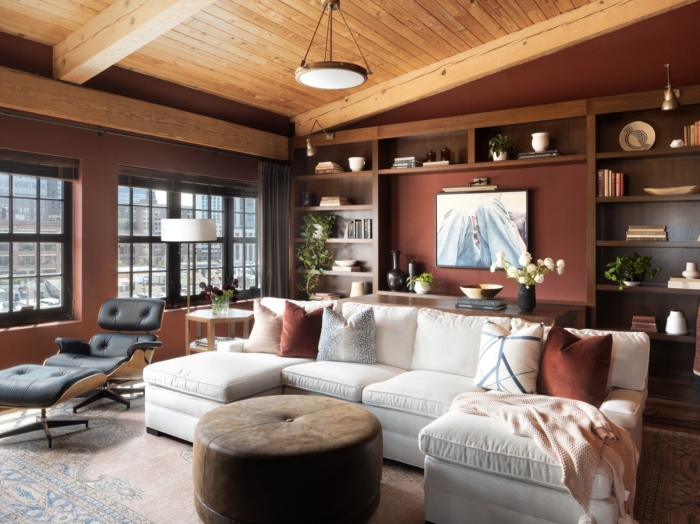brown and white industrial themed living room design