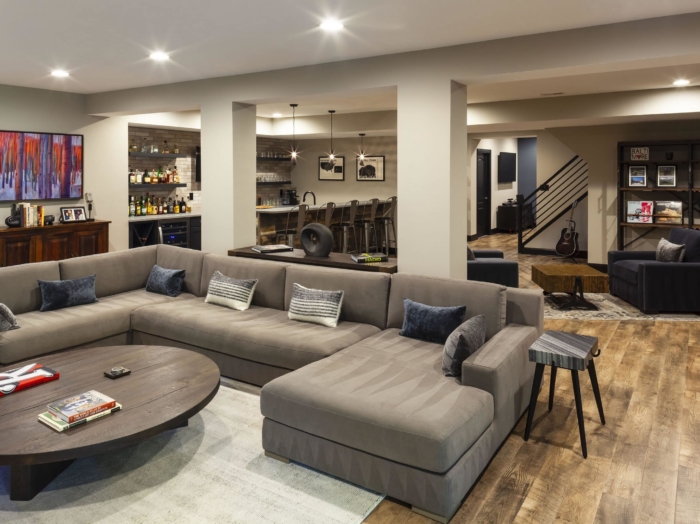 industrial style basement sofa and bar