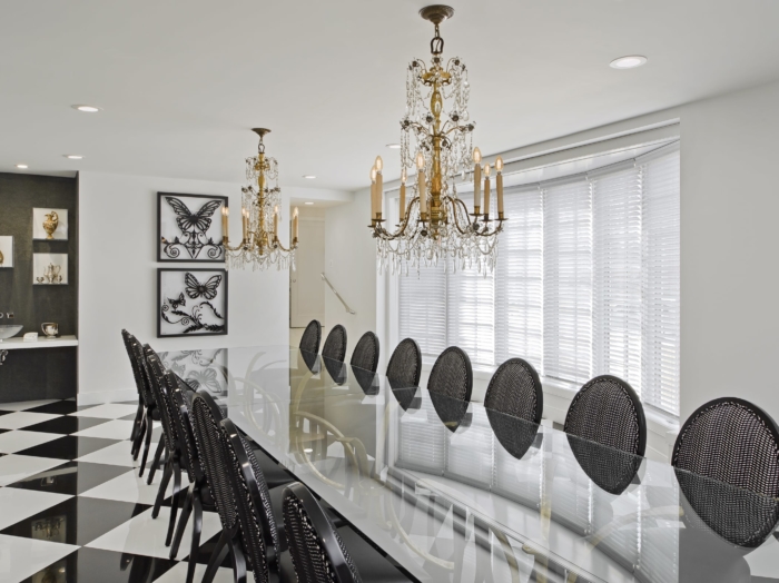 formal dining room with porcelain tile with carrera marble veining