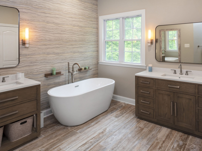 sleek freestanding soaking tub in modern master bathroom