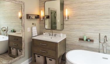 rustic wood vanity with shelf and baskets modern master bathroom