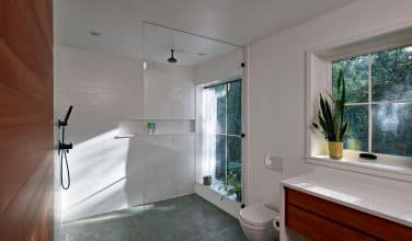 curbless walk-in shower with large window