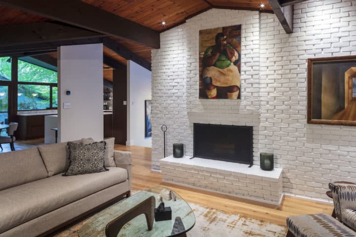 painted brick fireplace, modern style