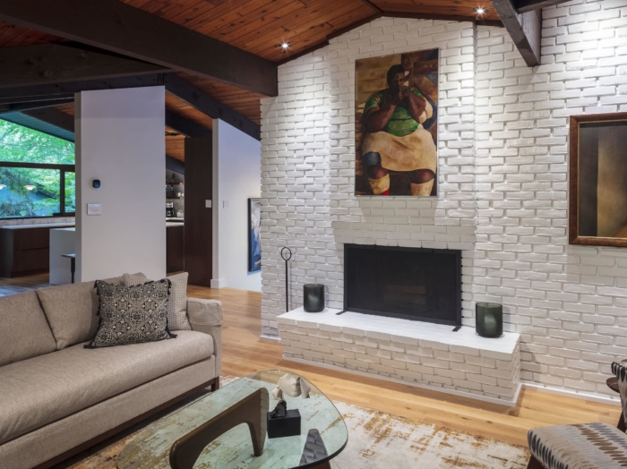 painted brick fireplace, modern style
