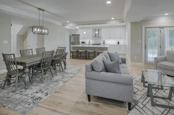 Open concept living with kitchen, dining and living areas