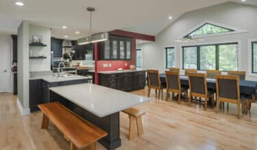 large modern kitchen with seated lower countertop