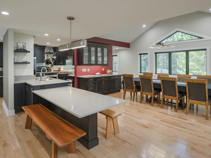 large kitchen with lower seated counter top