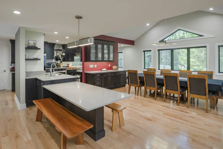large modern kitchen with seated lower countertop
