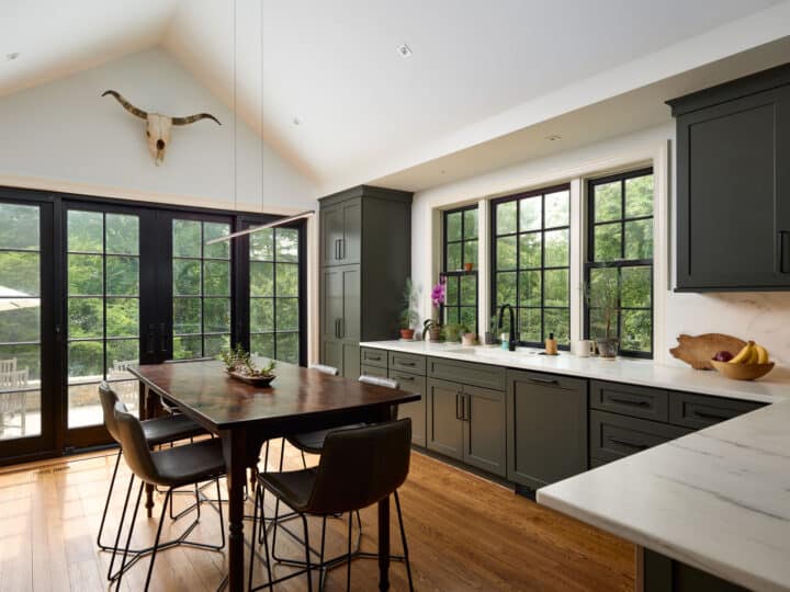 custom painted kitchen cabinetry in deep forest