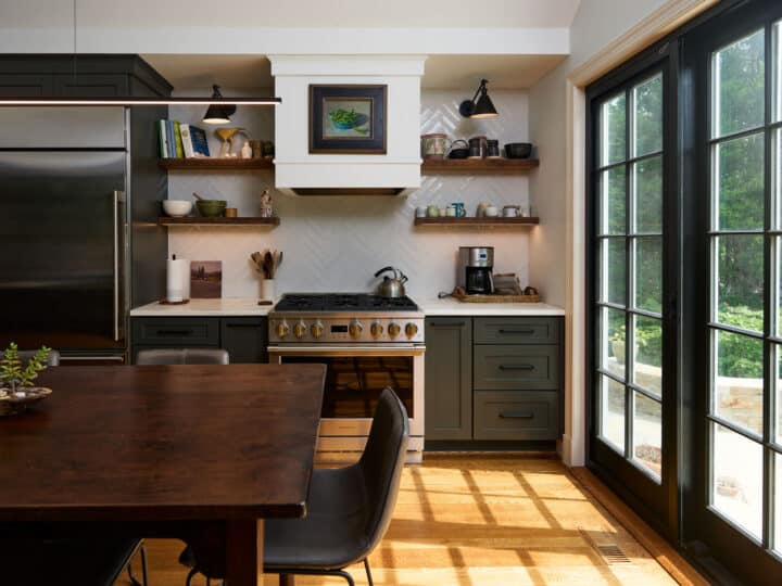 handcrafted porcelain tile in herringbone pattern backsplash