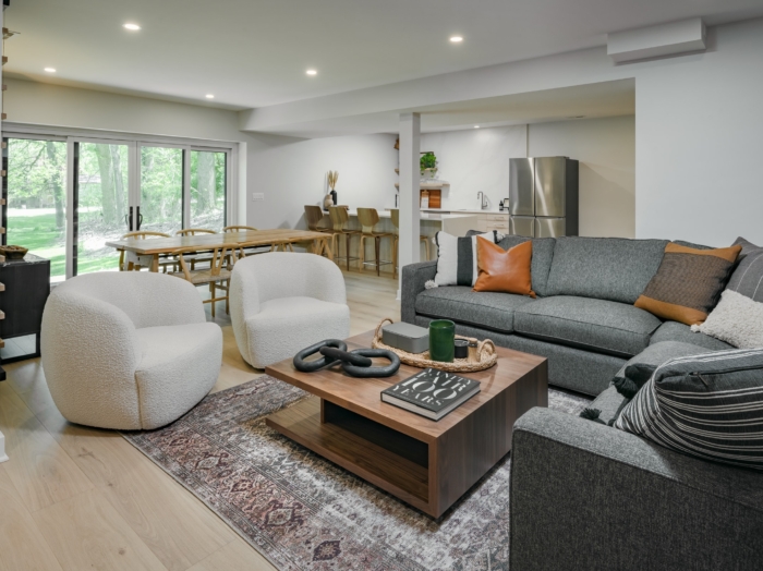 casual family living space in the basement