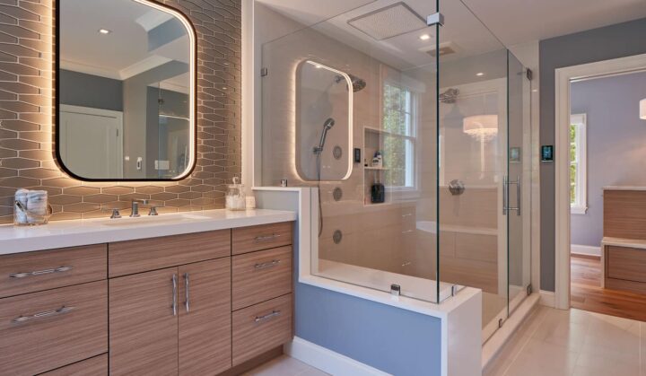 crystal clear frameless shower design with smart technology