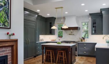 hardwood kitchen flooring in herringbone pattern