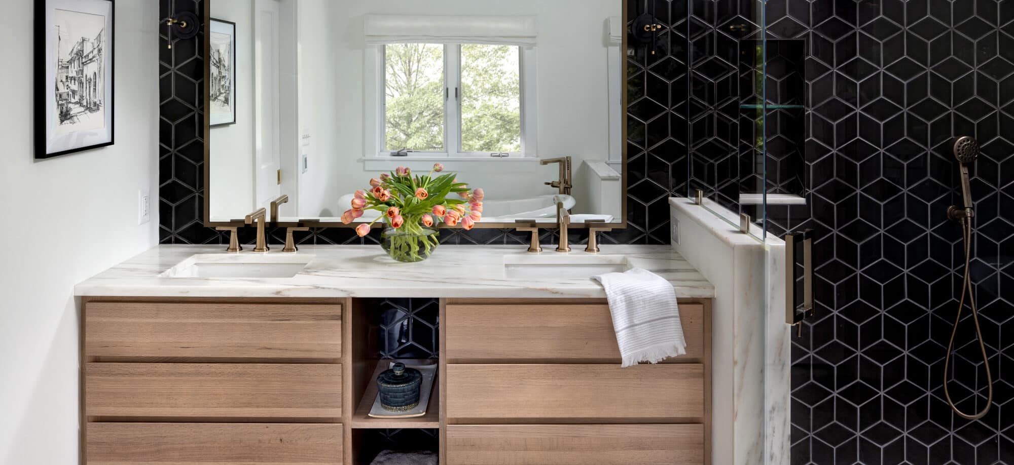 black bathroom tile, no threshold shower, double vanity