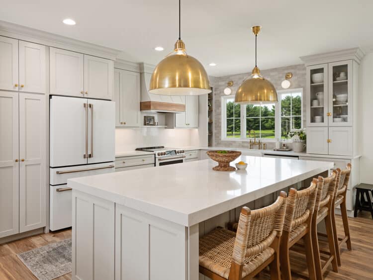 soft gray cabinets kitchen remodel, wood and copper accents, open concept