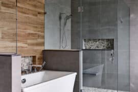 natural materials for primary bath with soaking tub and walk-in shower